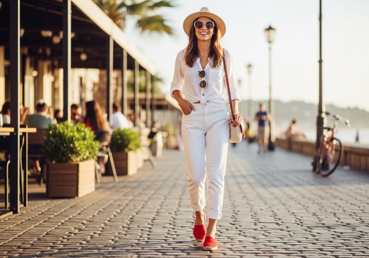So kombinieren Sie im Sommer ganz einfach rote Schuhe mit weißen Jeans content image
