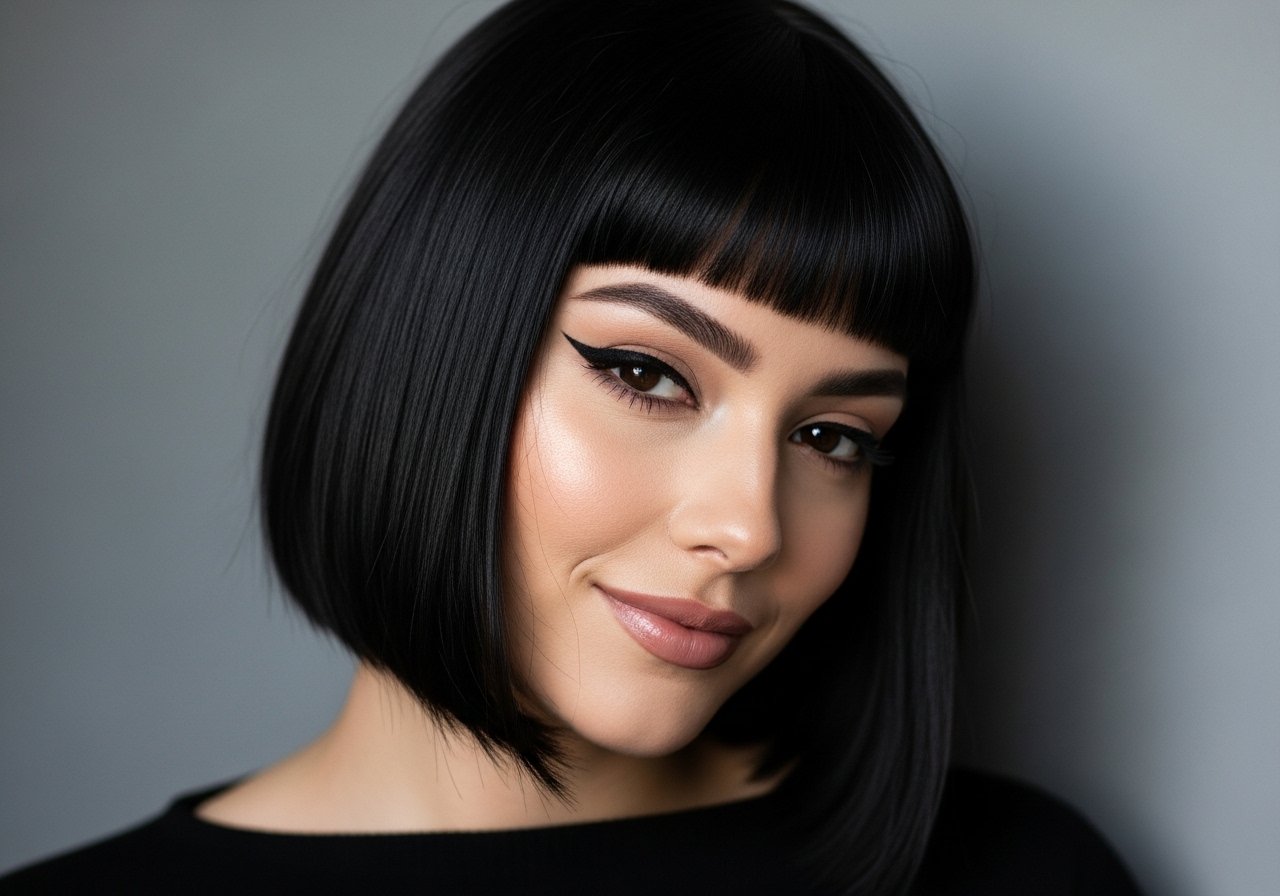 Pelo negro corto con flequillos content image